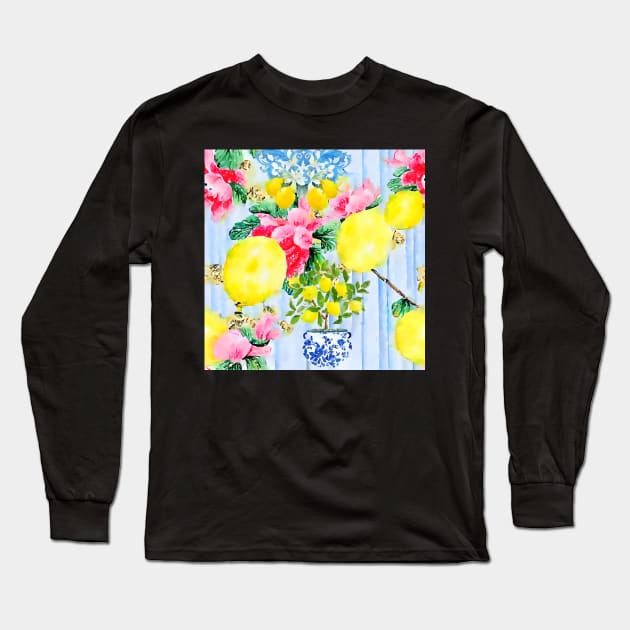 Lemon tree in Italian garden seamless pattern Long Sleeve T-Shirt by SophieClimaArt